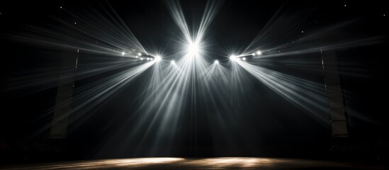 Dramatic Spotlights Cutting Through Smoke on an Empty Stage, Setting the Scene for an Event - obrazy, fototapety, plakaty