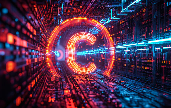 Vibrant digital copyright symbol encircled by neon cyber structures, representing intellectual property protection in the tech-driven business world