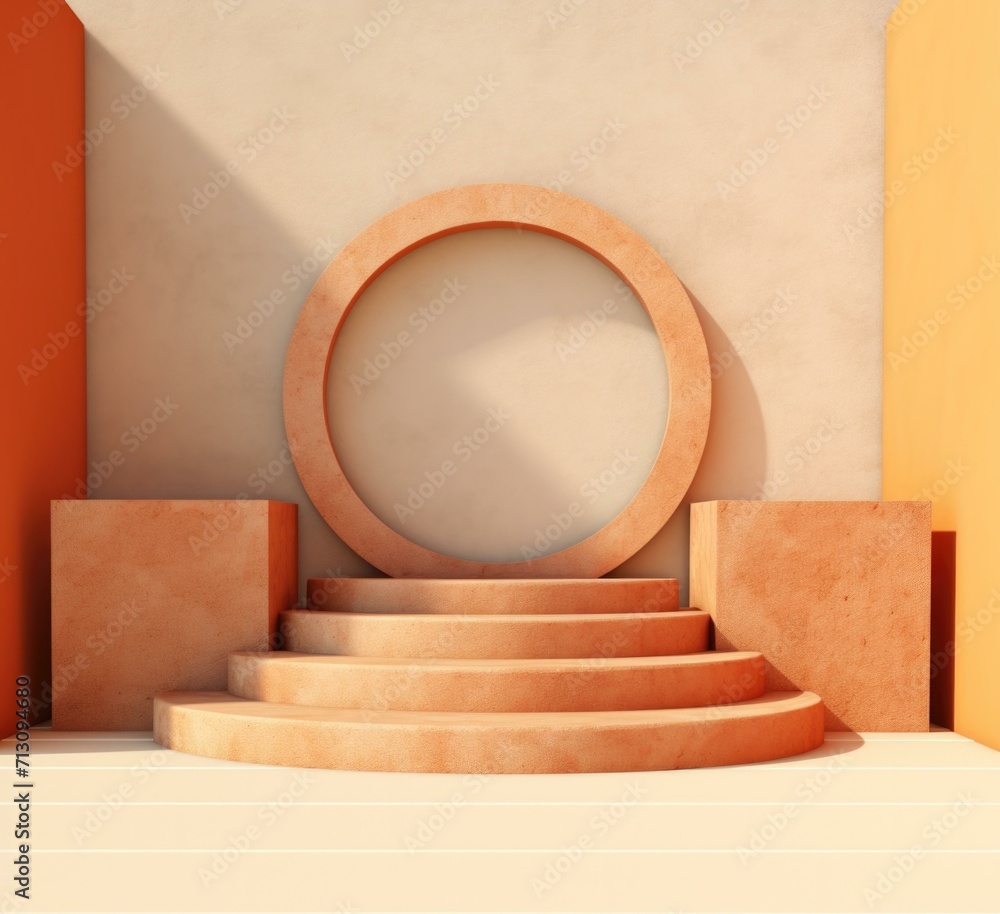 Poster circular podium stage with modern geometric backdrop, illuminated and ready for a successful present