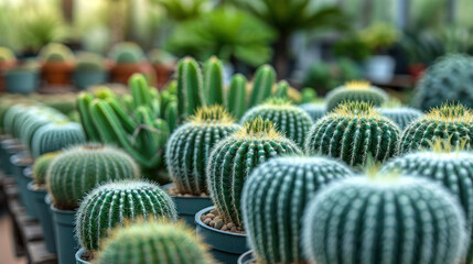 Verdant Collection of Spherical Cacti, a Symbol of Resilience and Adaptation, in a Serene Desert Greenhouse Environment