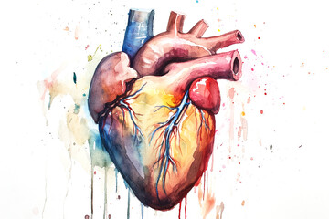 Drawing of a human heart drawn in watercolor - obrazy, fototapety, plakaty