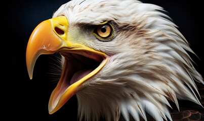 Majestic bald eagle portrait with open beak against a dark background, showcasing the fierce beauty and strength of this iconic bird of prey