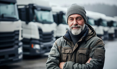 Fototapeta premium Confident Senior Truck Fleet Owner Standing Proudly in Front of His Trucks, Representing Successful Logistic and Transport Business