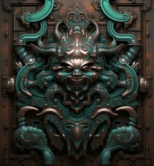 A stunning bronzed copper relief with verdigris accents, showcasing the patina of aged metal.  Generative AI.