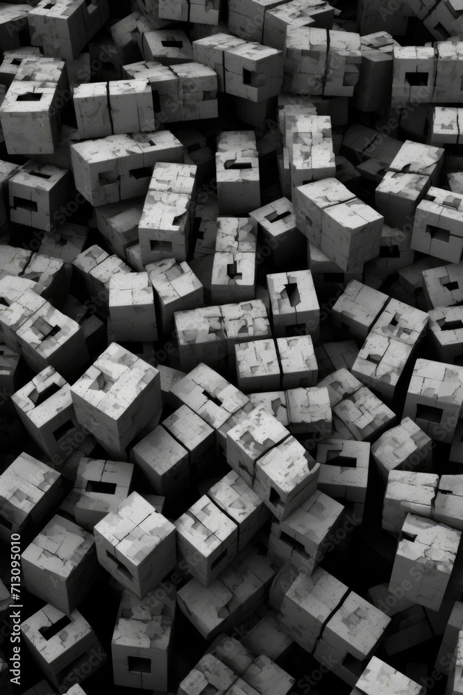 Poster a black and white image of a pile of blocks. generative ai.