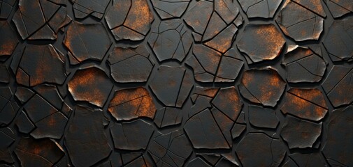 A weathered black and orange cracked wall with a textured surface. Generative AI.