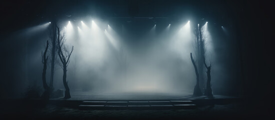 Enigmatic Forest Stage Shrouded in Mist with Ethereal Spotlights, Invoking a Mystical Ambiance
