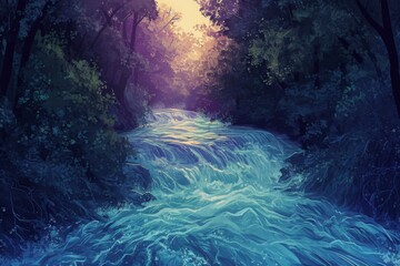 Fototapeta na wymiar beautiful and serene painting of a forest with a flowing river