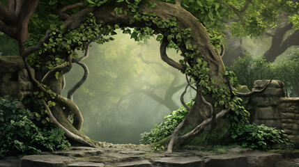 Enchanted tree arch in mystical forest.