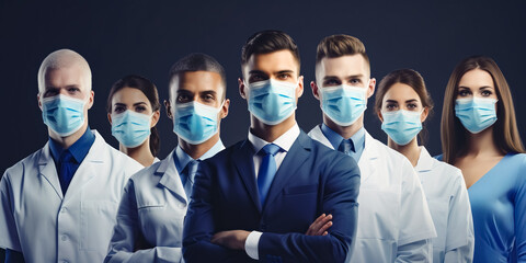 chief physician and his team of doctors wearing protective masks. pandemic concept