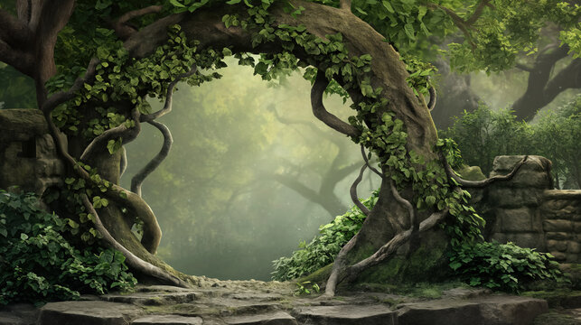 Enchanted tree arch in mystical forest.