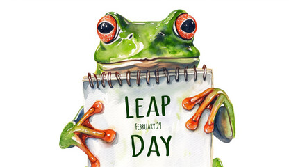 Leap day, one extra day, Leap year 29 February 2024 watercolor illustration. Cute Green Frog with calendar and text Happy Leap Day. - obrazy, fototapety, plakaty