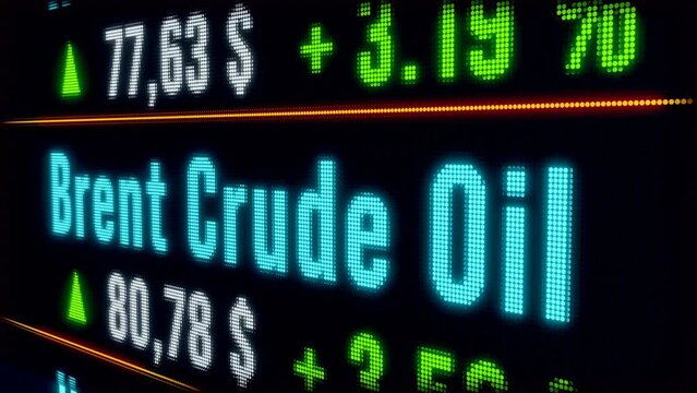 Strong rising Brent Crude Oil price. Commodity screen, trading information. Stock market and exchange, screen with oil price information. Price moving up.