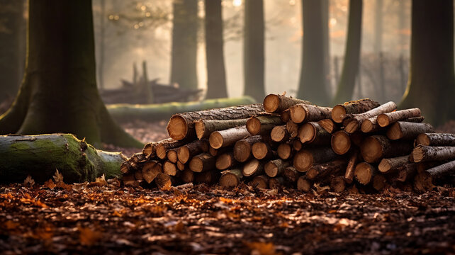 pile of cut logs in a forest.