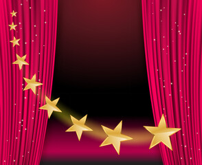 Curtains in purple red color and big golden stars flying. Vector illustration