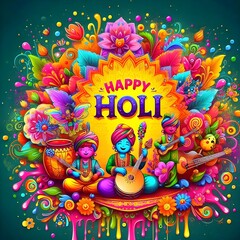 Happy Holi Text, Holi festival background banner poster for indian festival of color