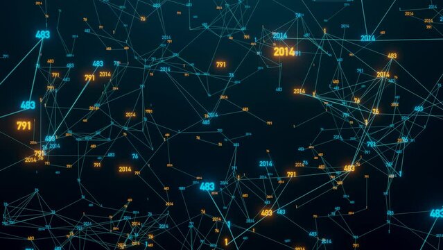 Polygon network in blue with orange illuminated digital numbers. Abstract plexus, big data, science, connections, wire, system and digital, geometry.