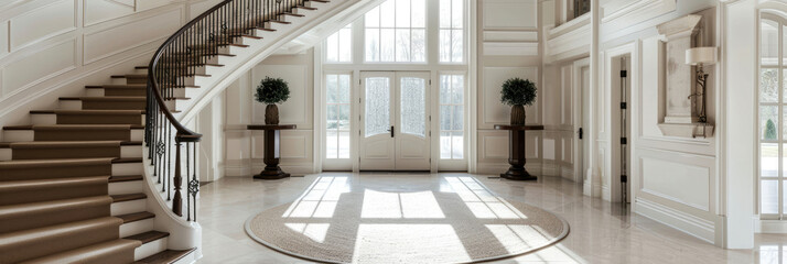 Grand Foyer With Spiral Staircase and White Walls