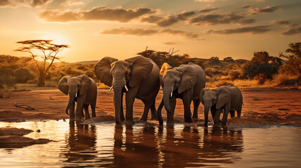 A beautiful golden photograph of a family herd of elephant drinking