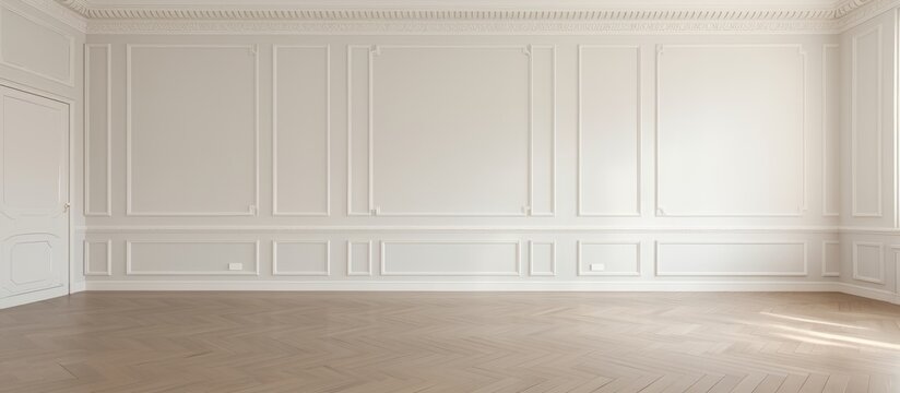 Empty Elegant Room with Classic White Wall Panels and Herringbone Wood Floor, Interior Design