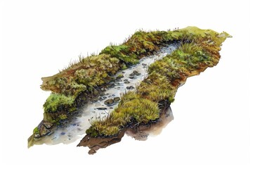 small stream or body of water winding through a grassy and marshy terrain
