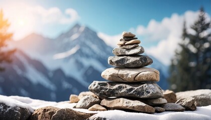 Stack stones in the mountains on winter snow background