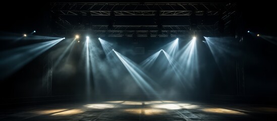 Intense Stage Lights Piercing Through Mist, Creating a Dramatic and Atmospheric Concert Scene - obrazy, fototapety, plakaty