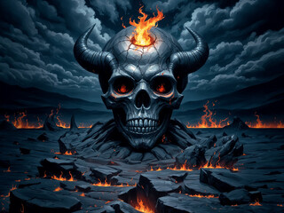 Sacrificial altar black obsidian skull in hell with eternal burning flame and glowing eyes of fire, ominous storm clouds and wasteland of nothing but hot volcanic magma rocks.