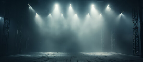 Mystic Stage Covered in Fog with Spotlights, Setting the Scene for a Dramatic Performance - obrazy, fototapety, plakaty