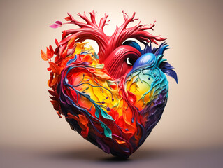 illustration of abstract art colorful anatomical human blossom heart painted on light background.