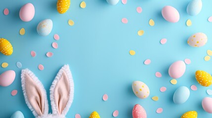 Fototapeta na wymiar Easter eggs and bunny ears amidst confetti on a turquoise background.