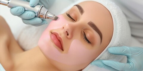 Cosmetologist applying pink mask onto woman's face in spa salon, closeup