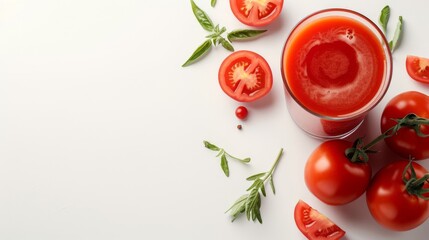 Fototapeta premium Tomato juice in a glass garnished with fresh mint, surrounded by whole tomatoes.