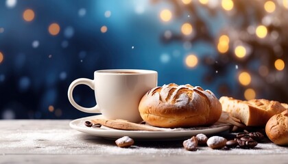Winter season and end year activity with coffe and bread decoration - obrazy, fototapety, plakaty