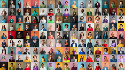 Panorama of many diverse people in front of monochromatic backgrounds