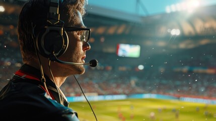 A man wearing a headset in a stadium. Can be used for sports broadcasting or event coverage