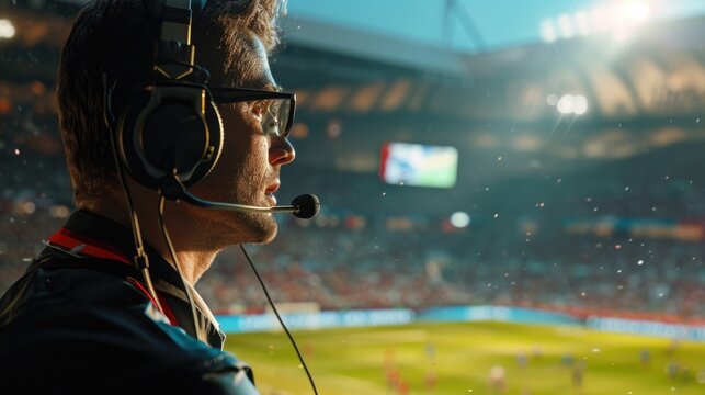 A man wearing a headset in a stadium. Can be used for sports broadcasting or event coverage