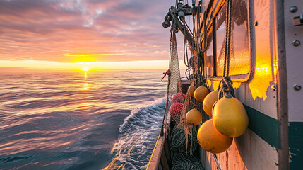 A stunning image capturing a traditional lobster fishing boat at sunrise, with colorful buoys and nets on board, set against the serene backdrop of the open sea, illustrating the b