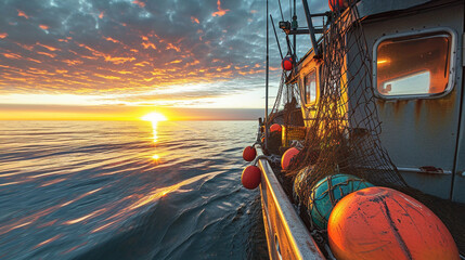 A stunning image capturing a traditional lobster fishing boat at sunrise, with colorful buoys and nets on board, set against the serene backdrop of the open sea, illustrating the b - obrazy, fototapety, plakaty