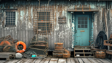 A visually rich scene of a coastal lobster shack, with lobster traps stacked against weathered boards and fishing gear scattered around, providing an authentic glimpse into the rus - obrazy, fototapety, plakaty