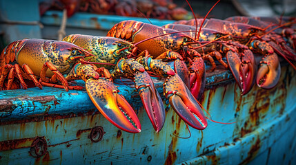 An artistic composition featuring a close-up of a lobster boat deck piled high with freshly caught lobsters, their vibrant colors contrasting against the weathered wood of the boat - obrazy, fototapety, plakaty