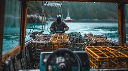 An immersive photograph of a lobster fisherman steering a boat through tranquil waters, with lobster traps neatly arranged on the deck, creating a visually serene and nautical scen - obrazy, fototapety, plakaty