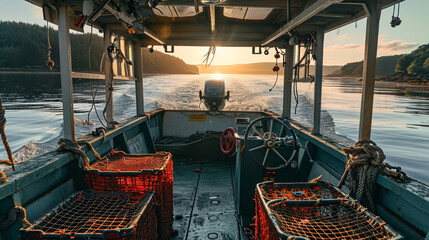 An immersive photograph of a lobster fisherman steering a boat through tranquil waters, with lobster traps neatly arranged on the deck, creating a visually serene and nautical scen
