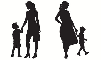 Mom and Son silhouettes and icons. Black flat color simple elegant white background Mom vector and illustration.