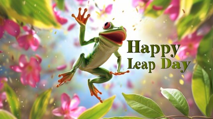 Leap day 29 February 2024 illustration. Leap year, one extra day illustration with Green Frog, and text Happy Leap Day. - obrazy, fototapety, plakaty