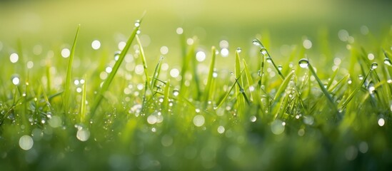 Morning Dew Clinging to Fresh Green Grass, Glistening Drops Reflecting the First Light of Dawn, Nature's Delicate Balance