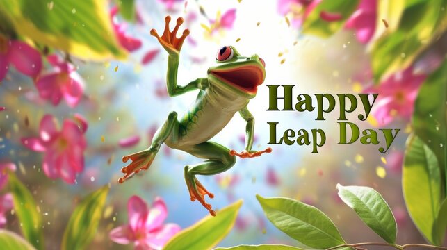 Leap day 29 February 2024 illustration. Leap year, one extra day illustration with Green Frog, and text Happy Leap Day.