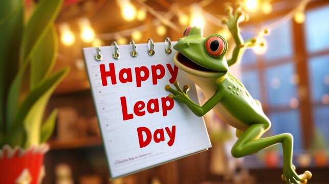 Leap day 29 February 2024 illustration. Leap year, one extra day illustration with Green Frog, and text Happy Leap Day.