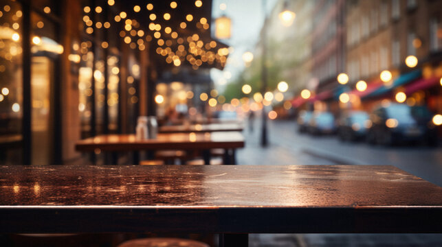 Wooden cafe table bokeh background, empty wood desk restaurant tabletop counter in bar or coffee shop surface product display mockup with blurry city lights backdrop presentation. Mock up, copy space.