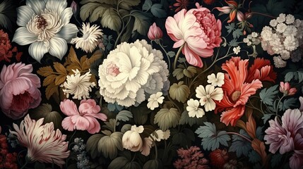Floral group wallpaper typically features a repeating pattern of various types of flowers arranged together in a cohesive design, often used to decorate interior walls, Generative Ai